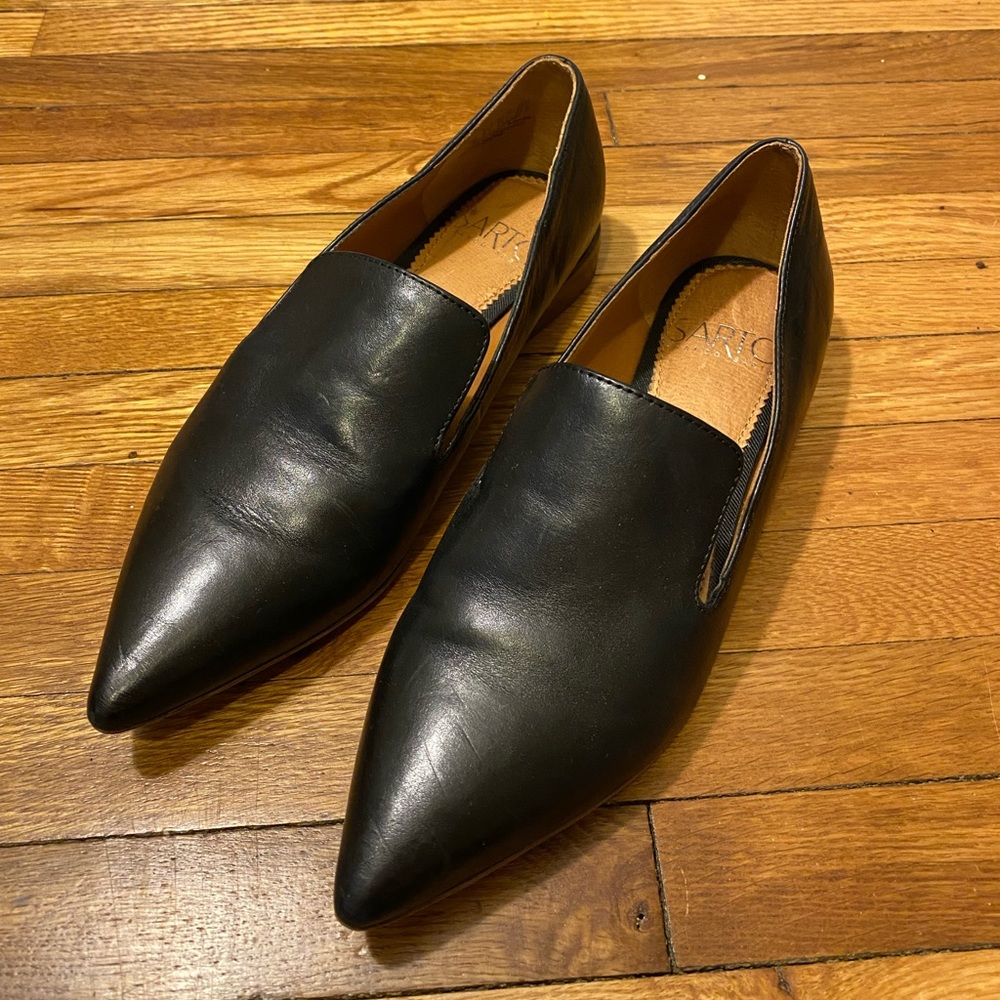 Black, Franco Sarto, pointed-toe loafers. Women’s 4.5